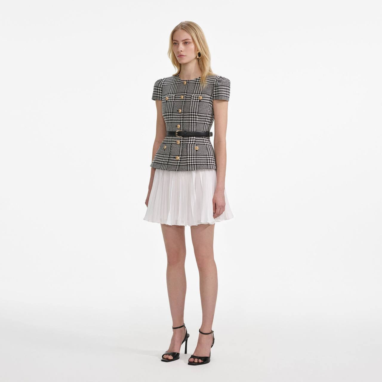 SP Grey Houndstooth Pleated Belted Short Sleeve Mini Dress | Tailored Midi Dress