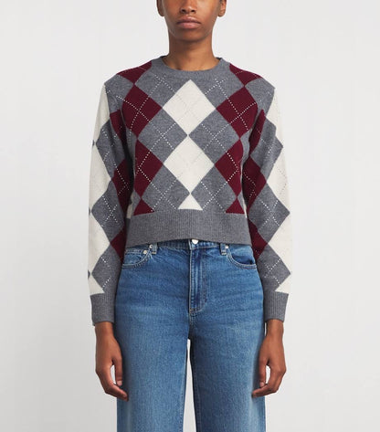 MJ Argyle Cropped Rhinestone Embellished Wool Jumper