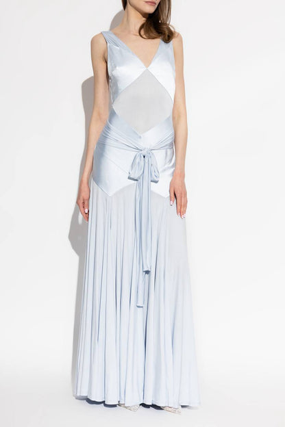 SP Blue Satin Jersey Tie Maxi Dress - Image 5