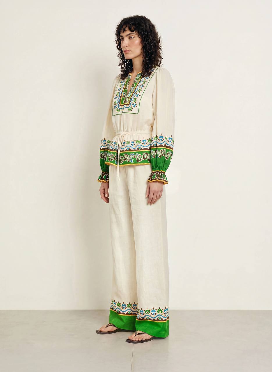 ALM Bridgette Border-print Top | Wide-leg Pants