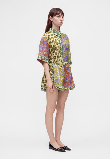 ALM022 Kaleidoscope Floral Spliced Shirt | Short | Hemp Linen Set