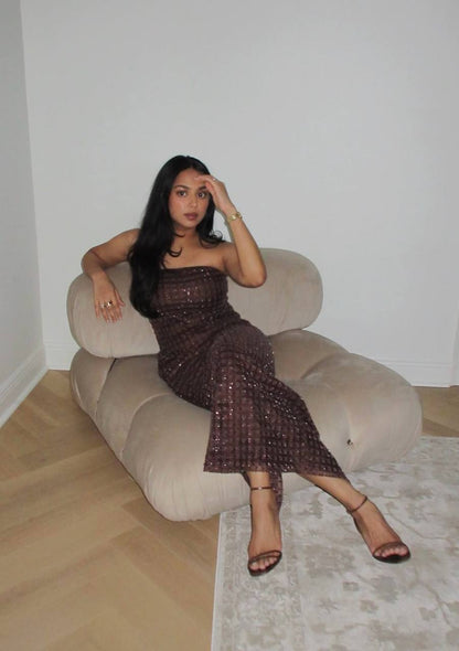 RTT Embellished Grid Sequin Sleeveless Maxi Dress in Recycled Polyester