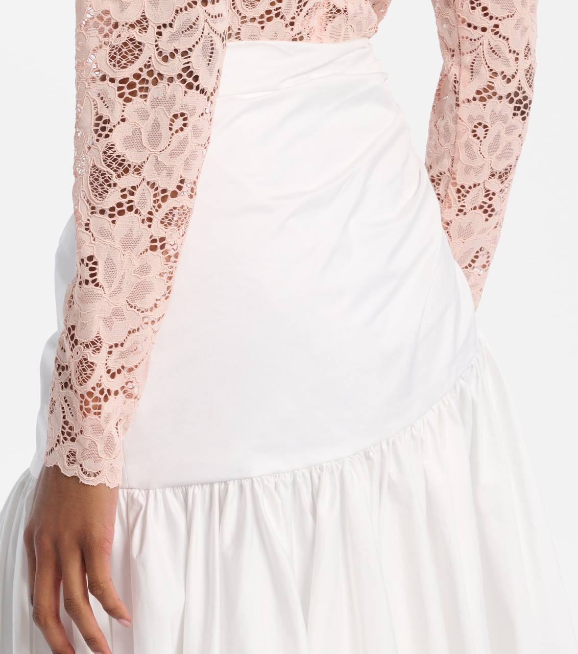 SP Beige-pink Floral Lace BodySuit One-piece | White Cotton Asymmetrical Midi Skirt | Set