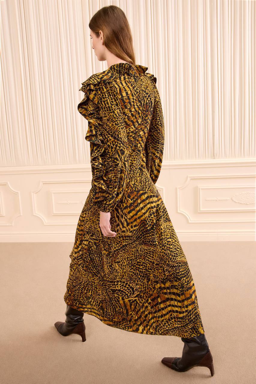 UJ Dara Long Sleeve Silk Dress Gold Tiger Print - Image 4