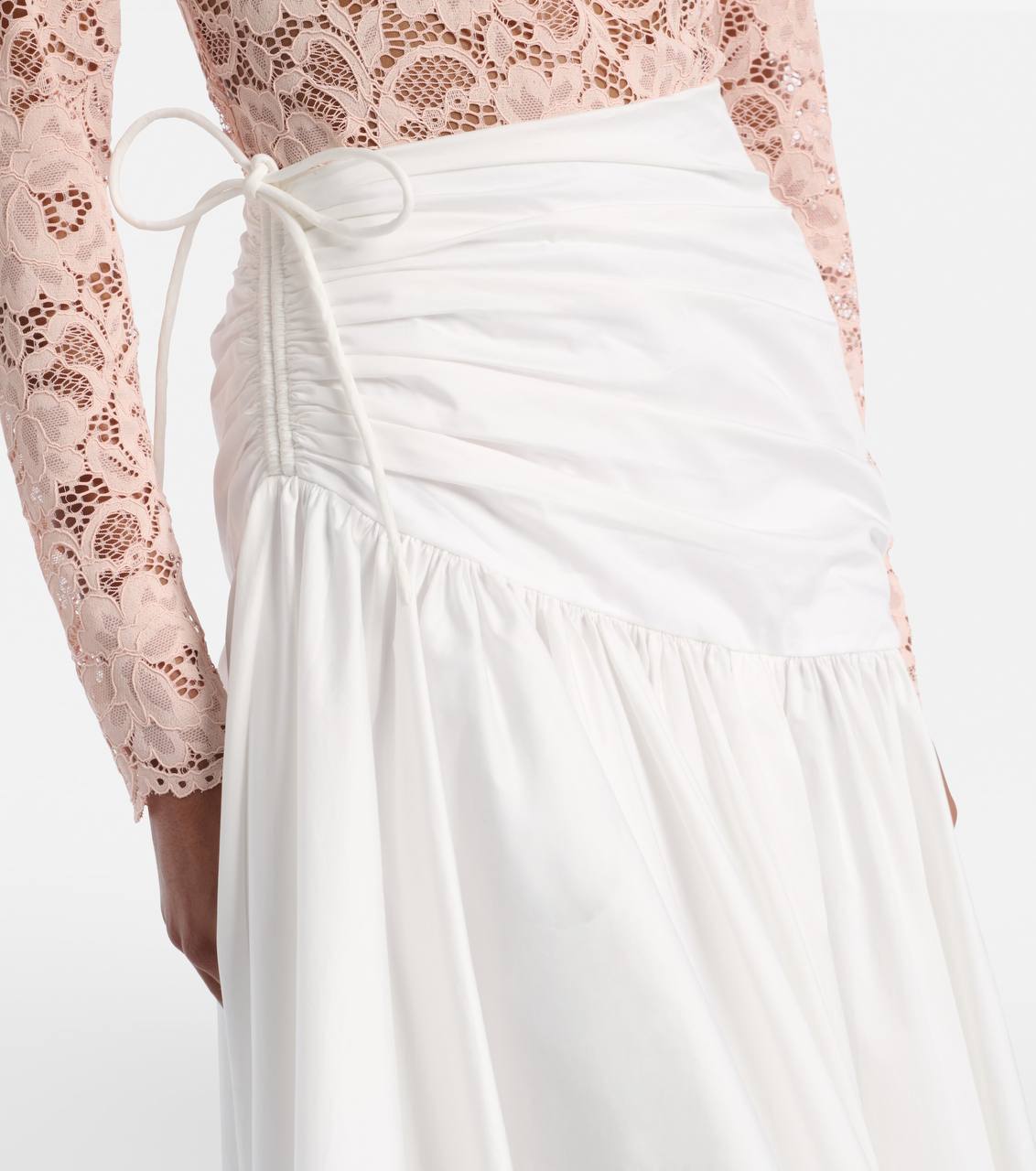 SP Beige-pink Floral Lace BodySuit One-piece | White Cotton Asymmetrical Midi Skirt | Set