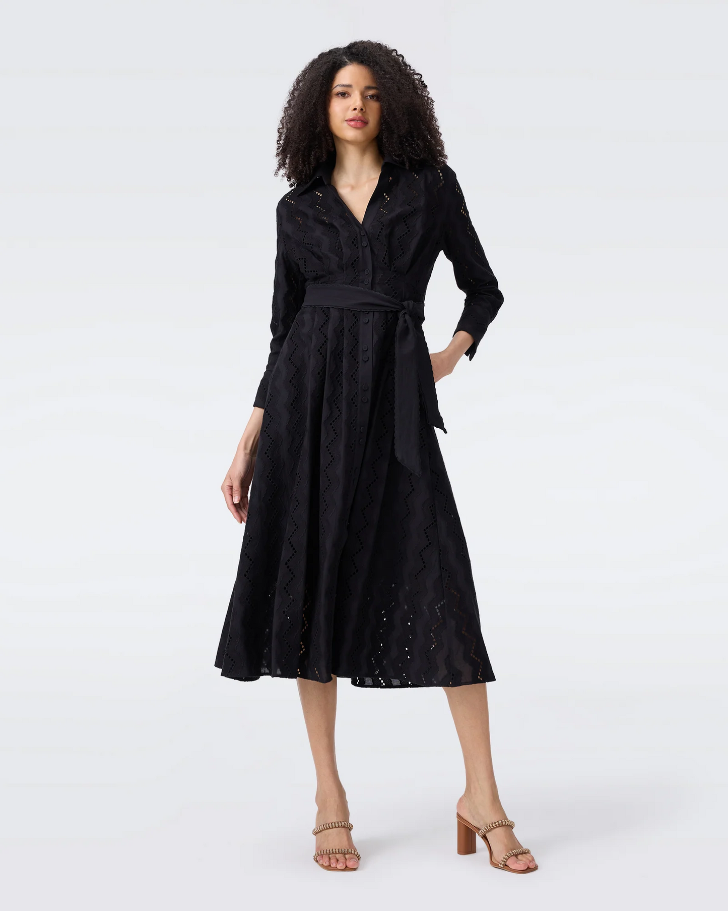 DVF Macy Geometric Embroidery Cotton Shirtdress Midi Dress