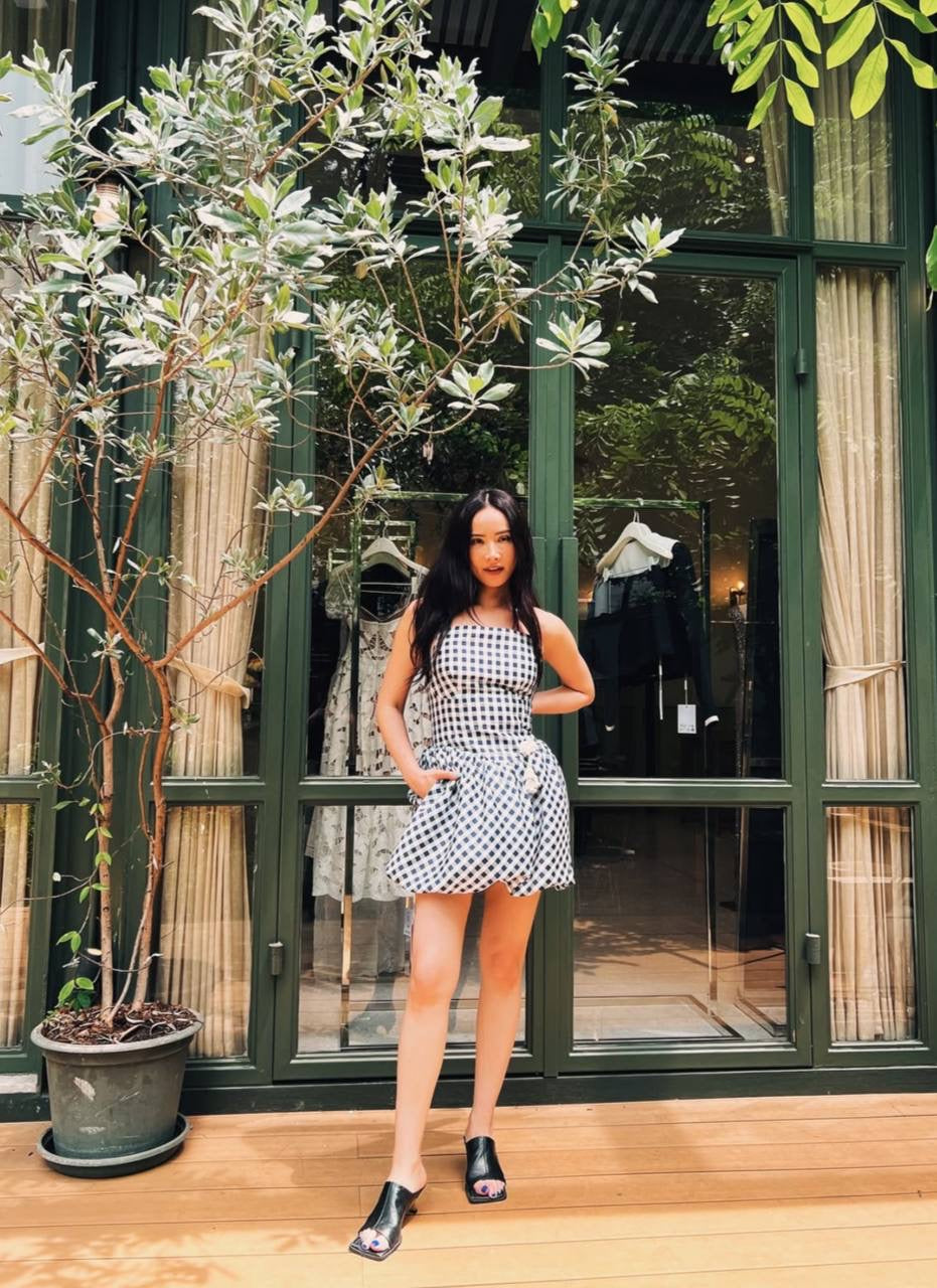 SP Navy Taffeta Gingham Bubble Mini Dress