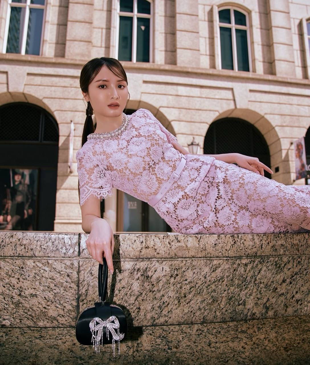 SP Pink Fine Lace Pearl Embellished Midi Dress