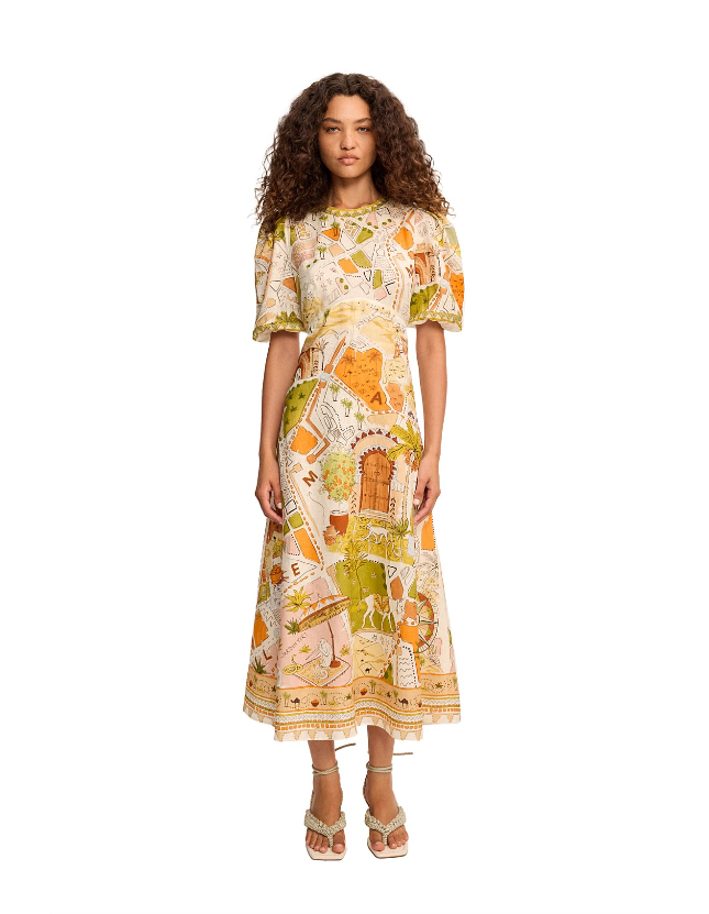 ALM Bazaar Puff Sleeve Linen Midi Dress
