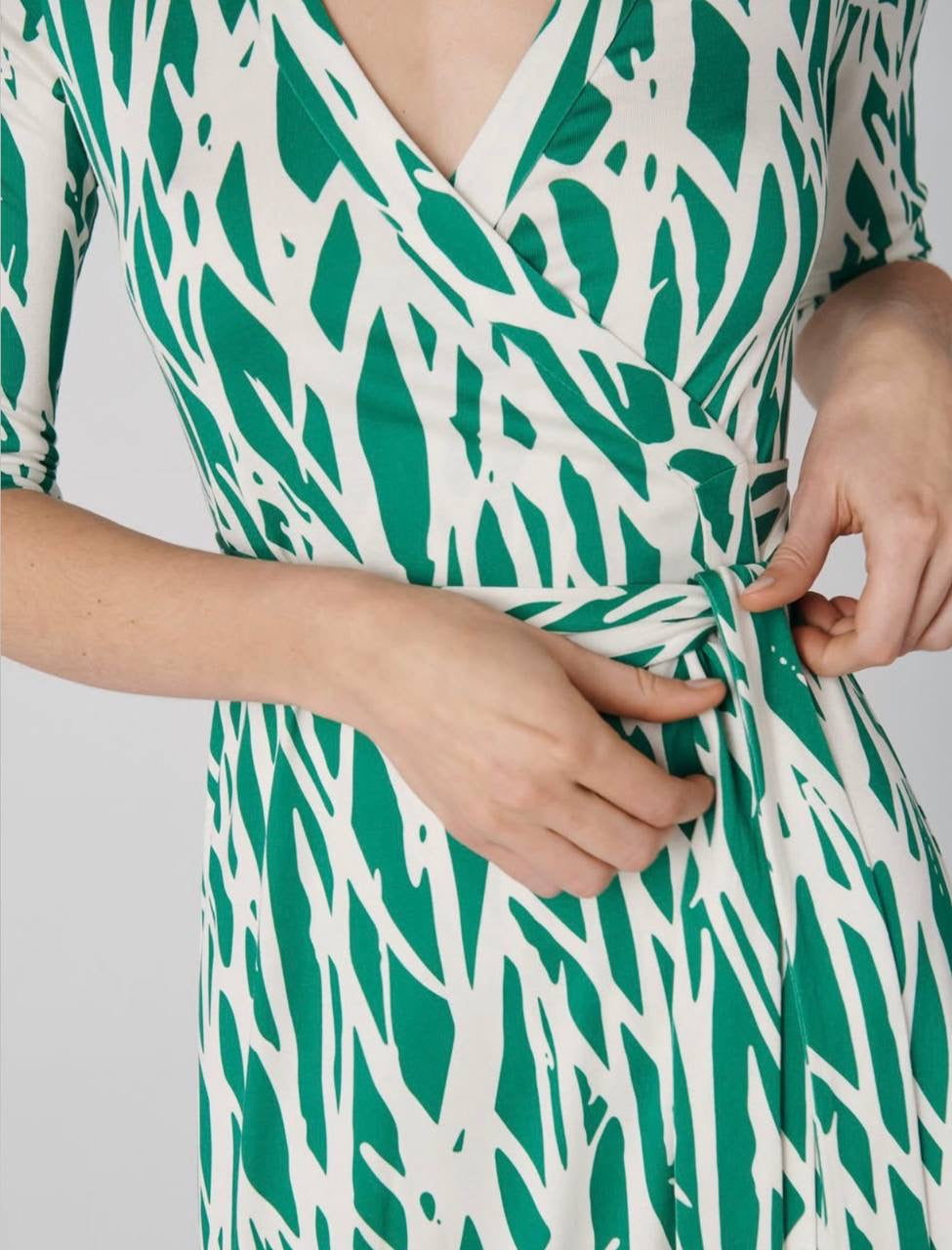 DVF Twig Green Silk Jersey Wrap Midi Dress