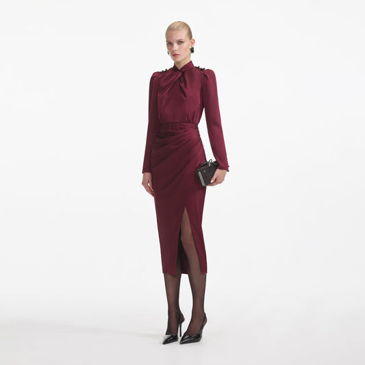 SP Burgundy Satin Midi Dress | Red Long-Sleeved