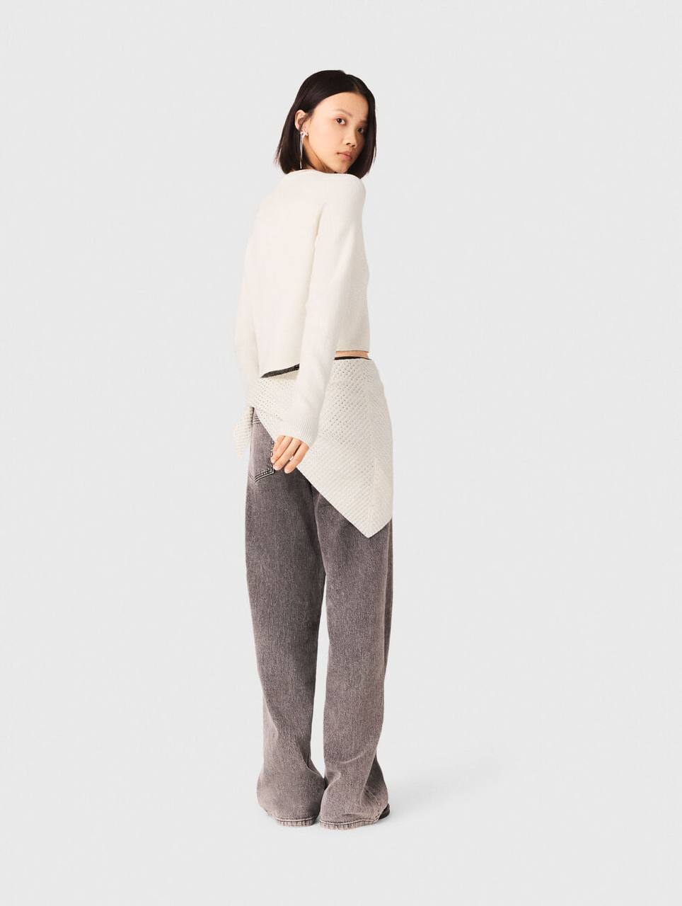 Jewelled Bow-Button Wool Cardigan in Cream & Navy