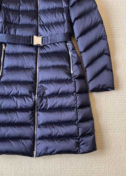 MC Leersie Hooded Shearling-Trimmed Long Down Jacket Coat in Navy Blue