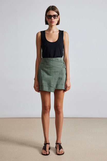 AA Lahiri Wrap Cotton Mini Skirt in Thyme Khaki Green