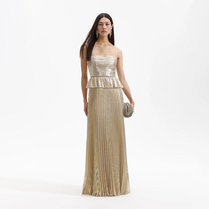 SP Gold Metallic Peplum Pleated Maxi Dress
