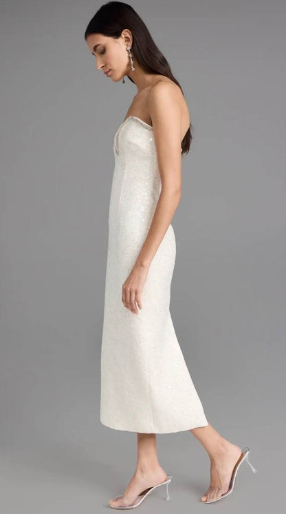 SP Cream Sequin Boucle Strapless Midi Dress