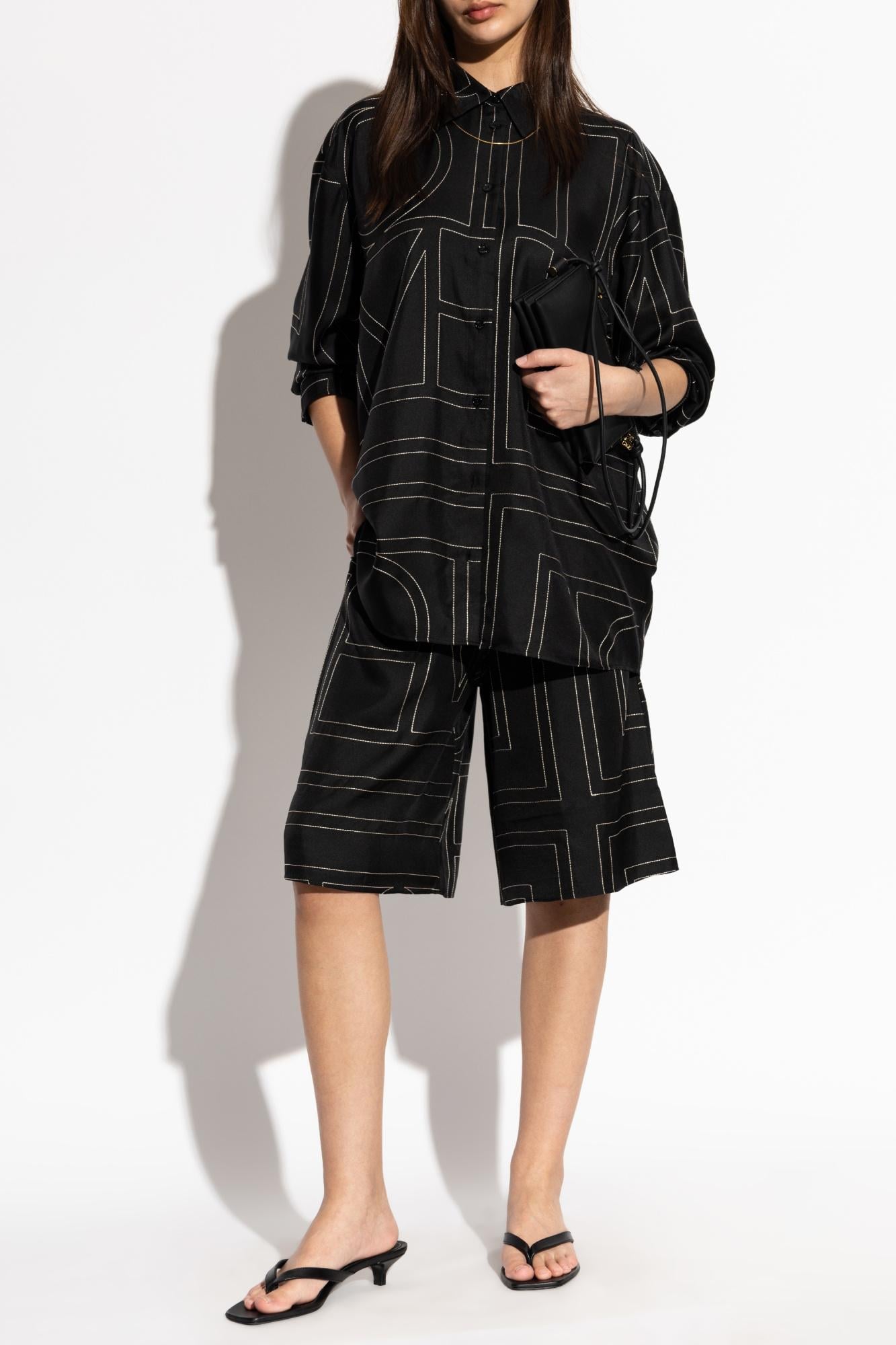 Tot Classic Monogram Embroidered Silk Satin Shirt | Bermuda Culottes Long Shorts | PJ Set