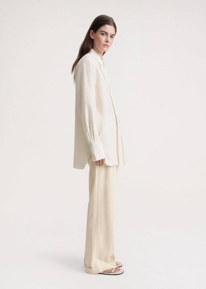 TOT Pleated Silk Long-sleeved Collared Shirt