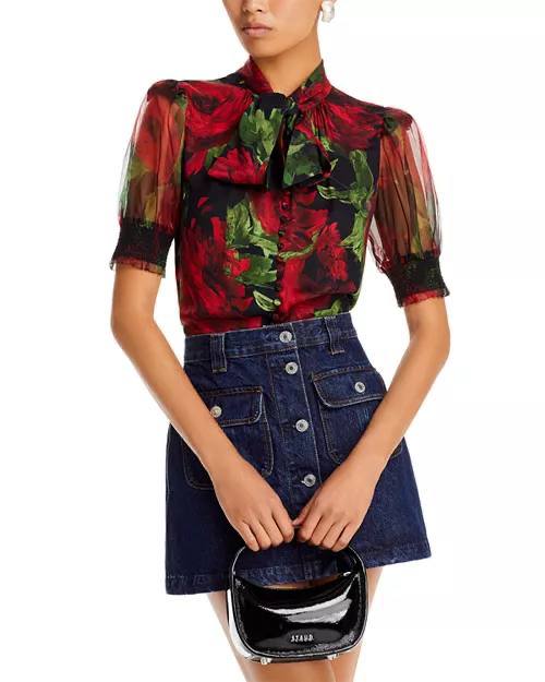 AO Brentley Tie-neck Puff-sleeved Viscose & Silk Top