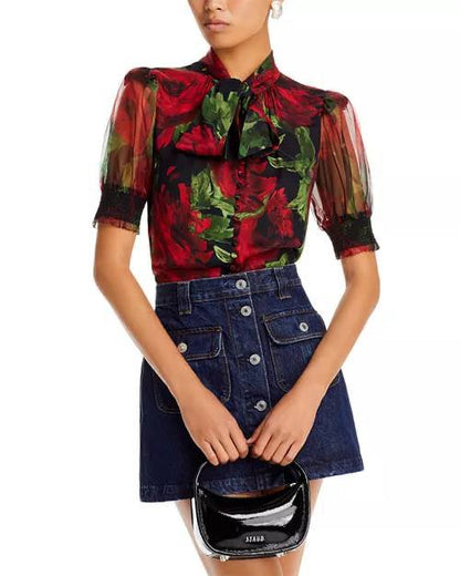 AO Brentley Tie-neck Puff-sleeved Viscose & Silk Top