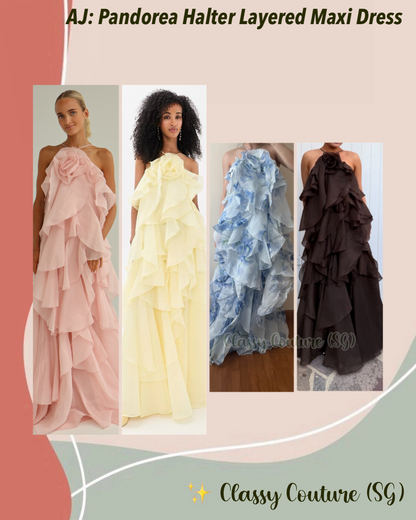 4 Colors! AJ Pandorea Halter Layered Maxi Dress Gown
