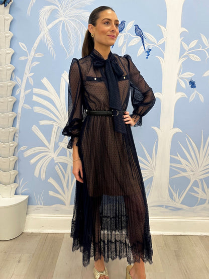 SP Navy Blue Dot Mesh Midi Dress