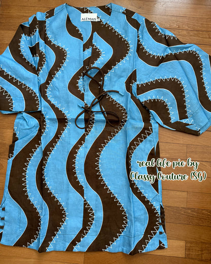 ALM024 Bold Brown/Blue Wave Stitch Tunic Shift Linen Mini Dress