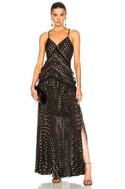 SP Black Metallic Gold Polka Dot Maxi Dress