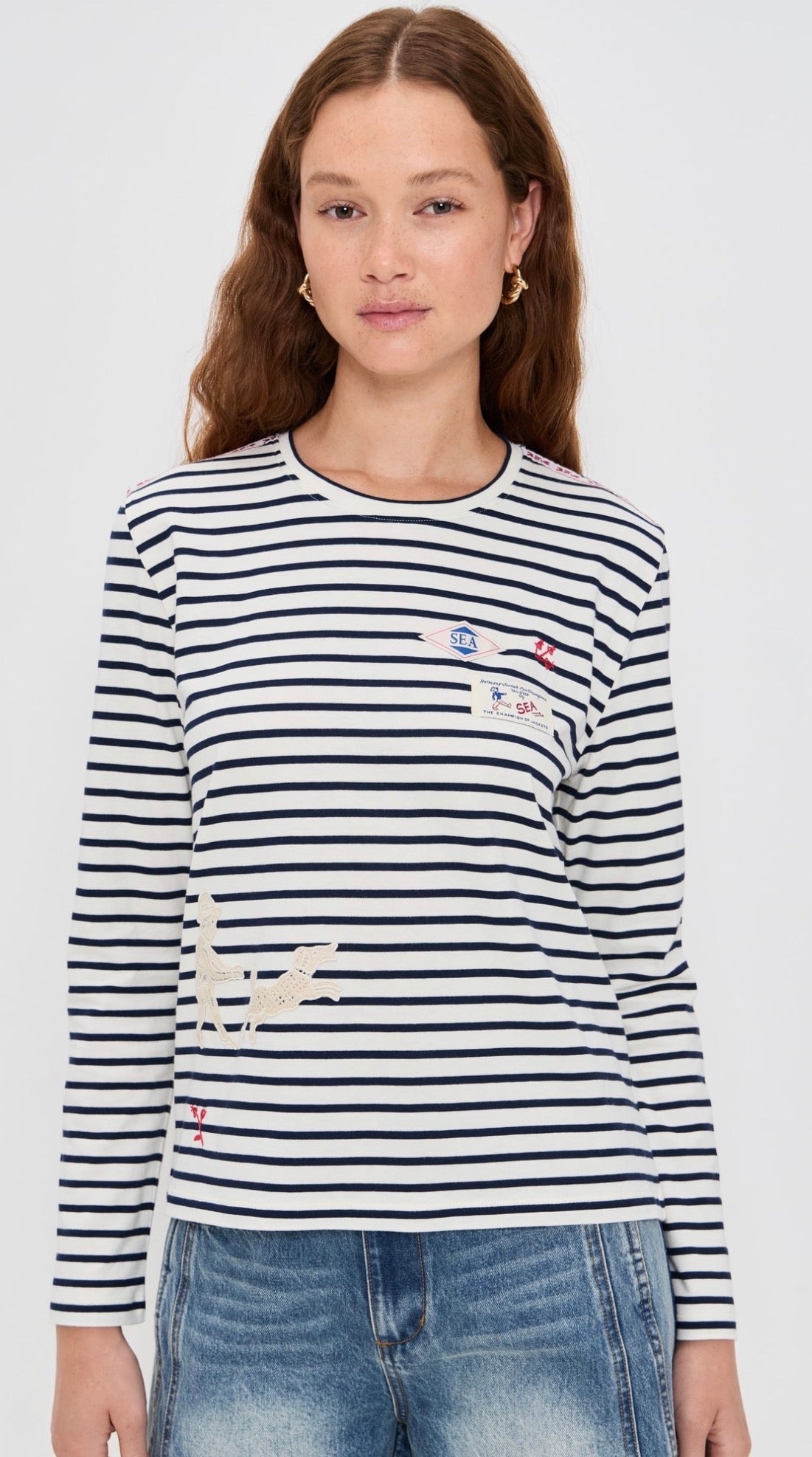 SE Athena Solid Cotton Jersey Striped Long Sleeve Shirt