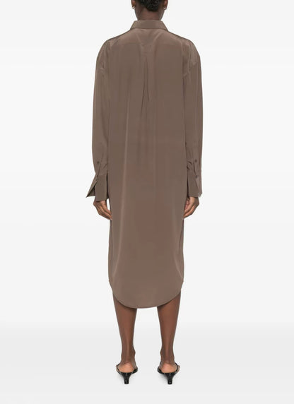 TOT Silk Shirtdress Midi Dress / Long Shirt in Black & Brown