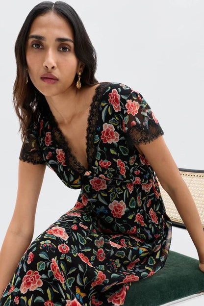 RX Clarice Lace-Trim Viscose Georgette Midi Dress in Black Multi Butterfly