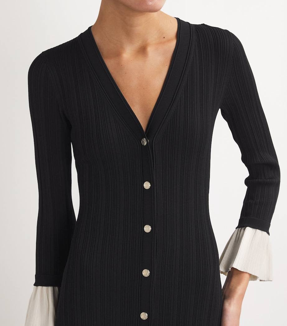 SD Knitted V Neck Contrast Sleeve Midi Dress in Navy blue & Black