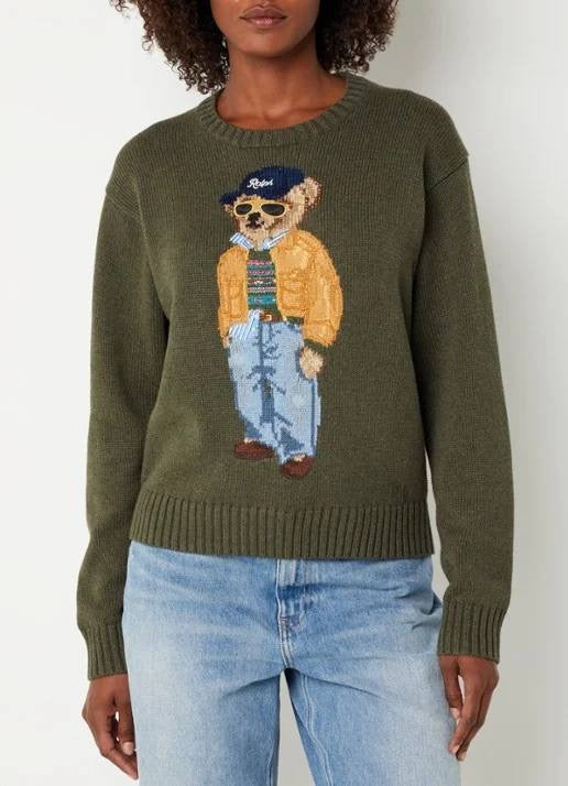 RL Sunglasses Bear Cotton Crew Neck Jumper in Olive Green