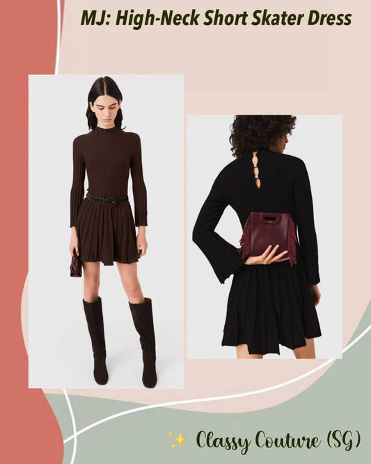 2 Colors! MJ High-Neck Short Skater Ribbed Knit Mini Dress