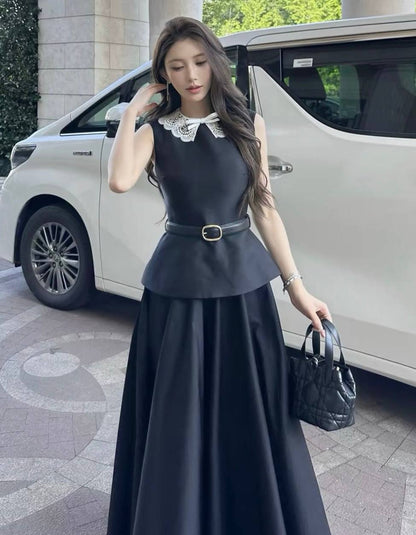 SP Black Belted Peplum Midi Dress in Taffeta
