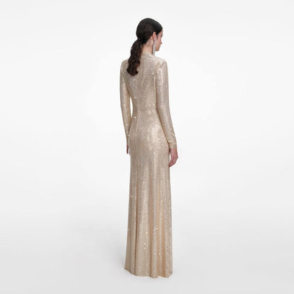SP Champagne Rhinestone Drape Maxi Dress
