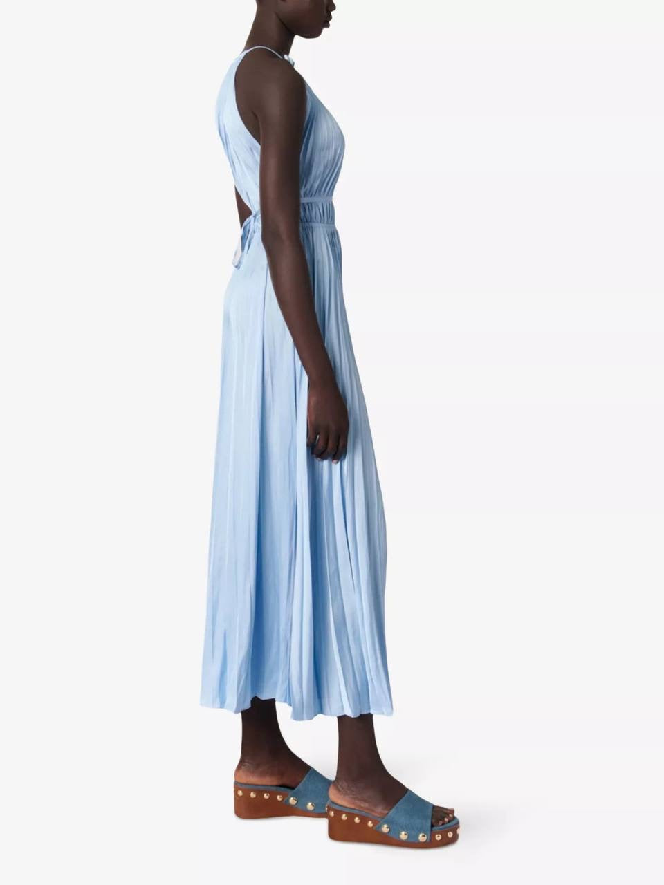 MJ Blue Sky Satin Pleated Plissé-Effect Halter Midi Maxi Dress