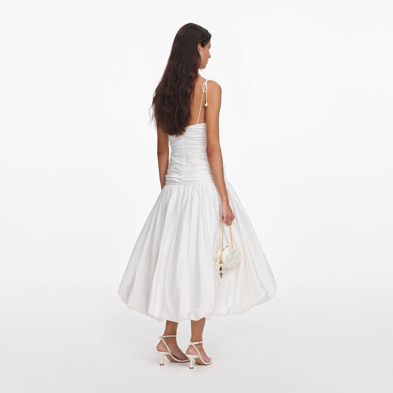 SP White Cotton Gathered Asymmetrical Midi Dress
