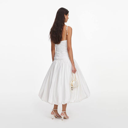 SP White Cotton Gathered Asymmetrical Midi Dress