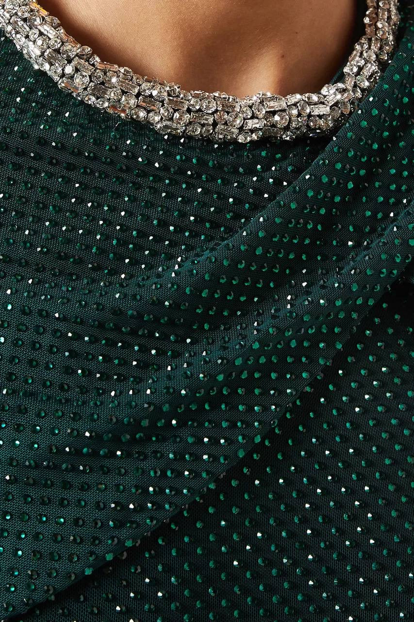 SP Green & Champagne Rhinestone-embellished Draped Sleeve Maxi Dress