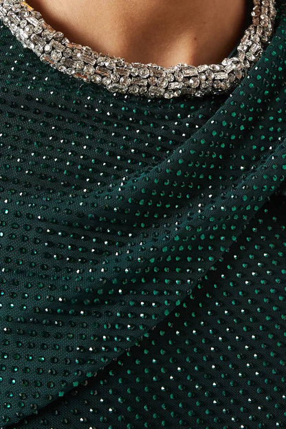 SP Green & Champagne Rhinestone-embellished Draped Sleeve Maxi Dress