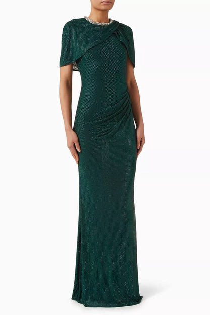 SP Green & Champagne Rhinestone-embellished Draped Sleeve Maxi Dress