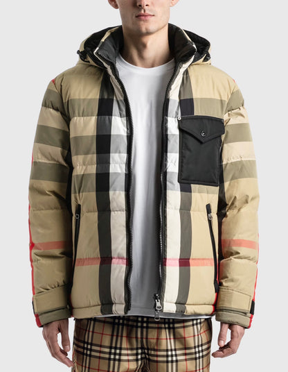 BBR Men’s / Unisex Reversible Check Nylon Puffer Hooded Jacket (Down feather-filled)