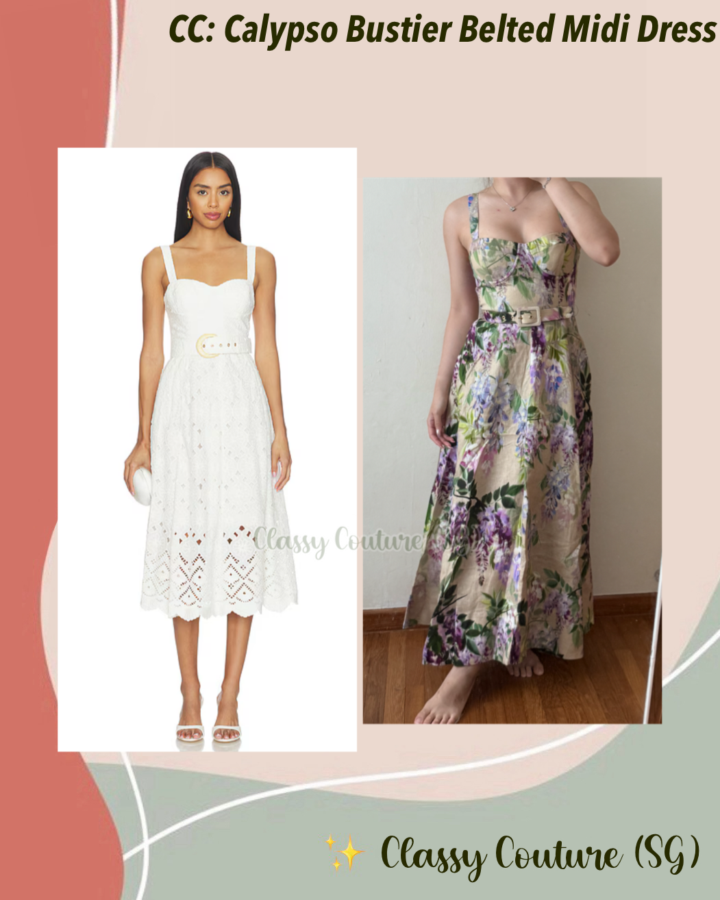 CC Calypso Bustier Belted Midi Dress in Floral Linen | Trellis Eyelet White Cotton
