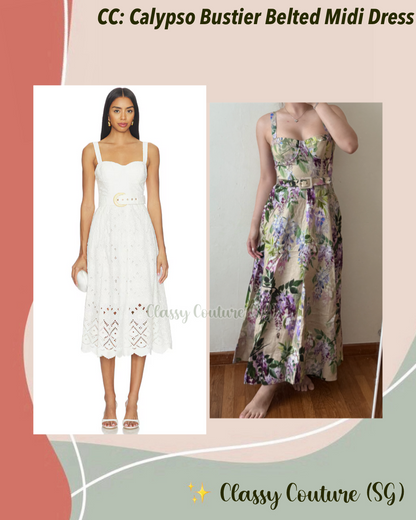 CC Calypso Bustier Belted Midi Dress in Floral Linen | Trellis Eyelet White Cotton