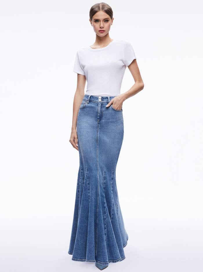 AO Nala Denim Godet Maxi Skirt