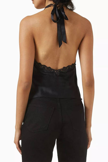 6 Colors! Ref Monica Silk Halter Lace Trim Top