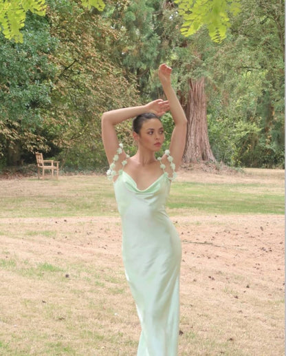 SP Mint Green Floral-Applique Cowl-neck Satin Gown Maxi Dress