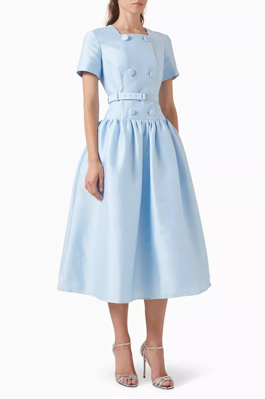 SP Blue Button Front Taffeta Midi Dress