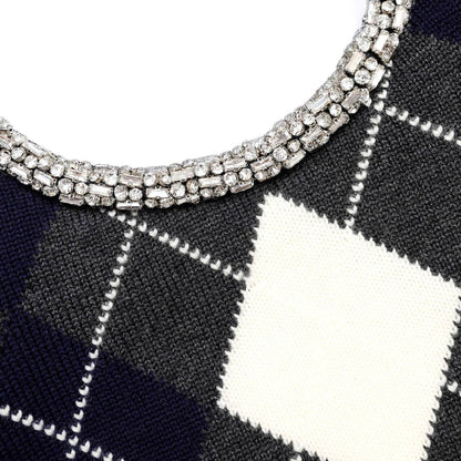 SP Embellished Crystal Cropped Sweater Jumper in Grey Argyle & Cream